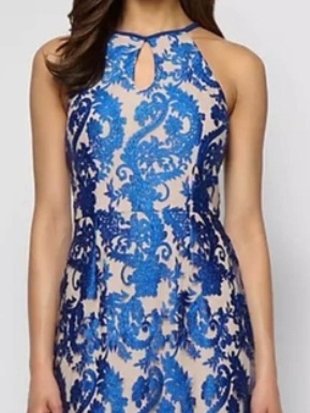 Alex Evenings Size 12 Blue Lace Halter Maxi Dress with Nude Underlay